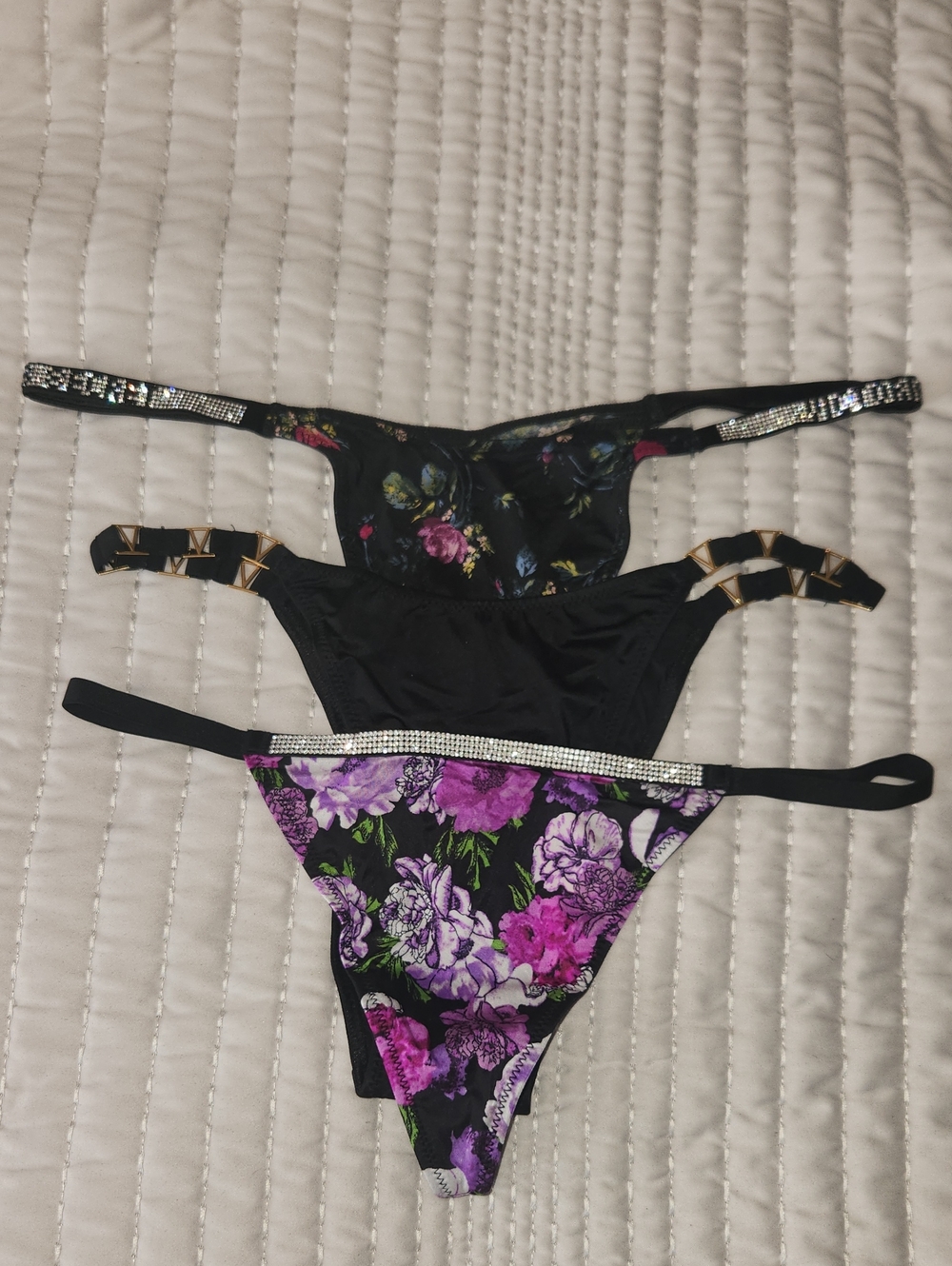 Victoria's Secret Black Floral Rhinestone Thong Trio